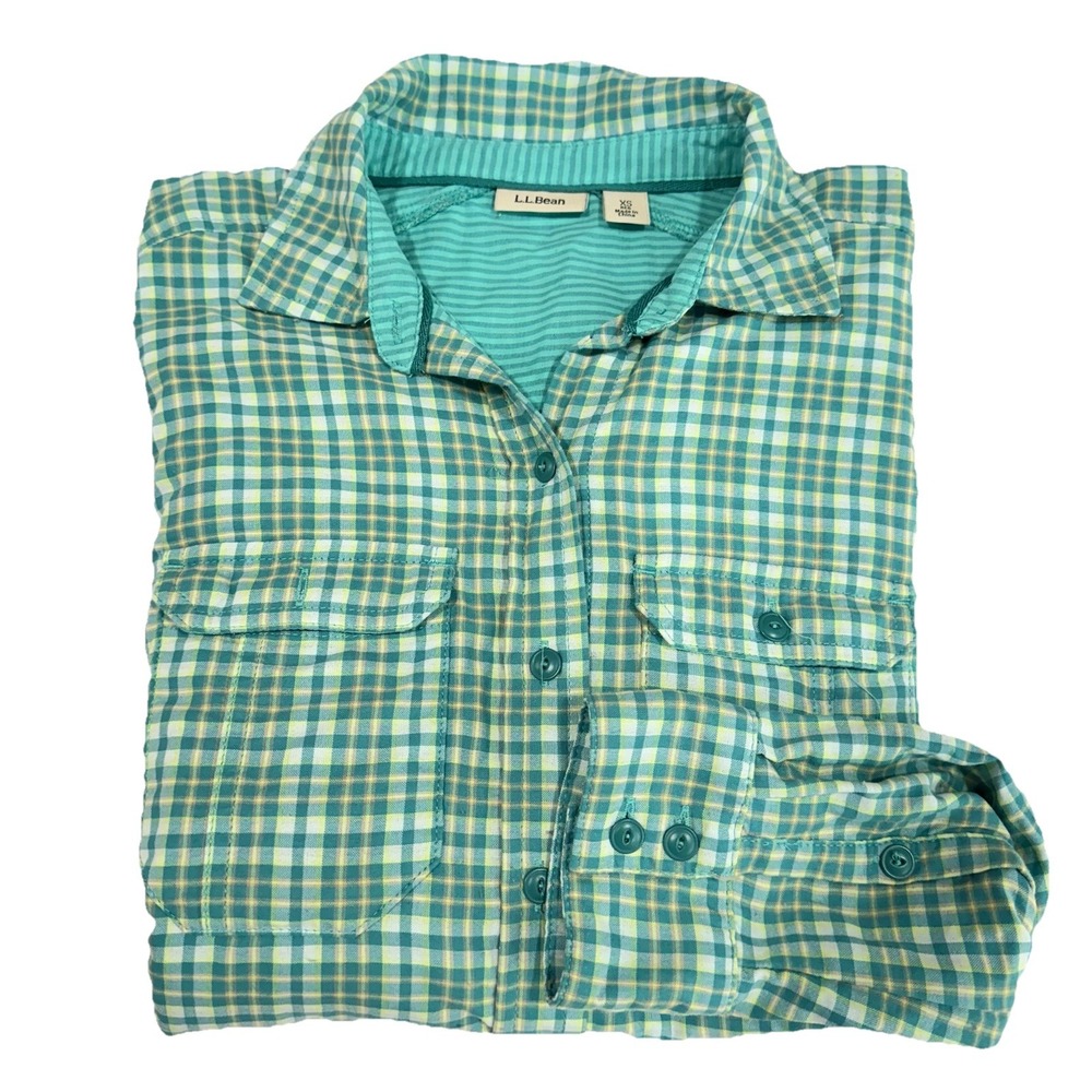 LL Bean Green Plaid Double Cloth Performance UPF Nylon Button Down Shirt Size XS